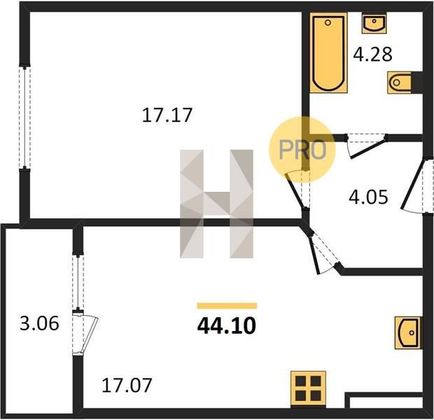 Продажа 1-комнатной квартиры 44,1 м², 2/9 этаж