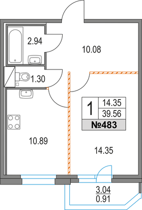 Продажа 1-комнатной квартиры 39,6 м², 9/16 этаж