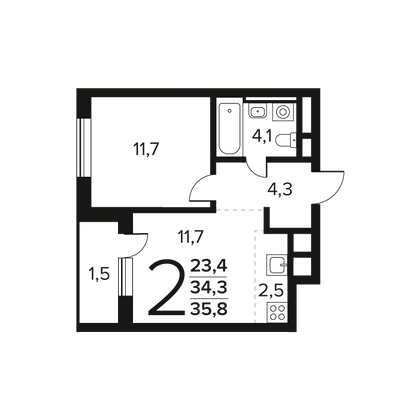 Продажа 2-комнатной квартиры 35,8 м², 2/12 этаж