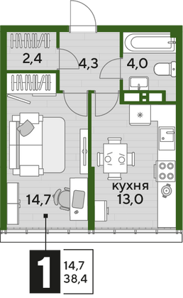 Продажа 1-комнатной квартиры 38,4 м², 16/16 этаж