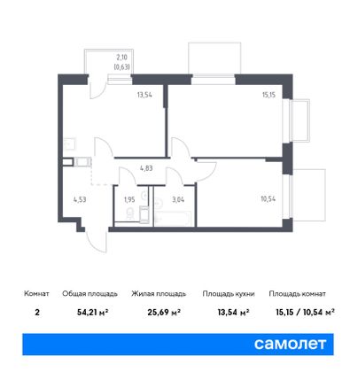 54,2 м², 2-комн. квартира, 15/17 этаж