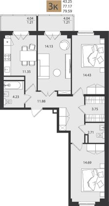 79,6 м², 3-комн. квартира, 8/16 этаж