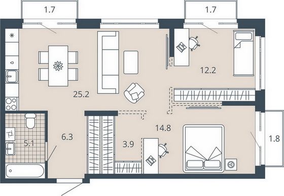 Продажа 2-комнатной квартиры 72,3 м², 6/23 этаж
