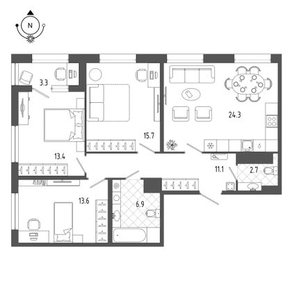 89,4 м², 3-комн. квартира, 6/18 этаж