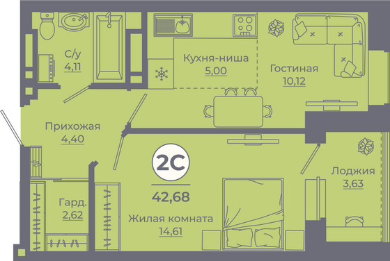 Продажа 2-комнатной квартиры 42,4 м², 23/24 этаж
