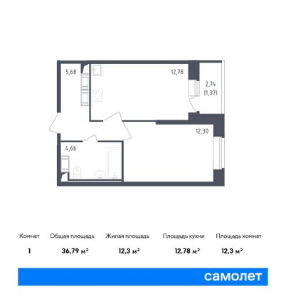 36,8 м², 1-комн. квартира, 17/23 этаж