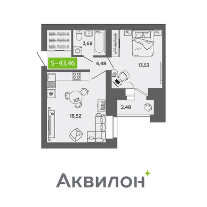 43,5 м², 1-комн. квартира, 3/9 этаж