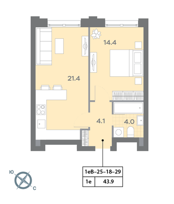Продажа 1-комнатной квартиры 43,7 м², 25/32 этаж