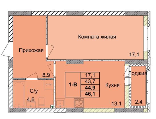 Продажа 1-комнатной квартиры 44,9 м², 2/18 этаж