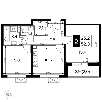 52,3 м², 2-комн. квартира, 7/22 этаж