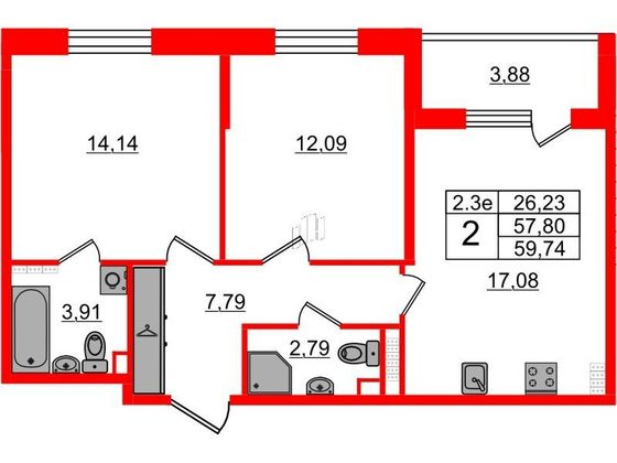 Продажа 2-комнатной квартиры 57,8 м², 5/5 этаж
