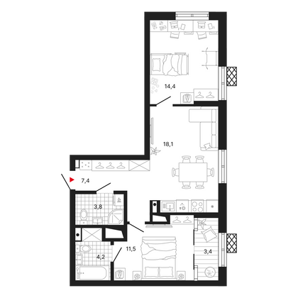 Продажа 2-комнатной квартиры 63,2 м², 3/29 этаж