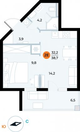 38,7 м², 1-комн. квартира, 6/6 этаж