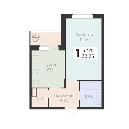 Продажа 1-комнатной квартиры 33,8 м², 7/18 этаж