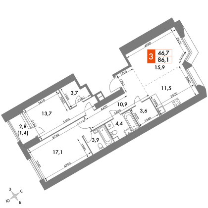 86,1 м², 3-комн. квартира, 5/47 этаж