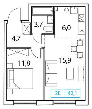 42,1 м², 1-комн. квартира, 15/18 этаж