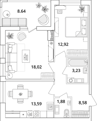 62,5 м², 2-комн. квартира, 2/18 этаж