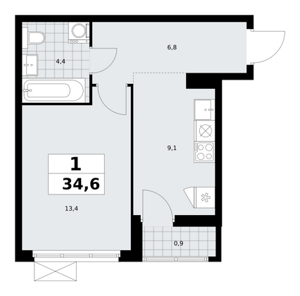 34,6 м², своб. планировка, 6/11 этаж