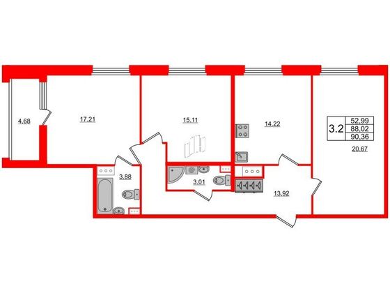Продажа 3-комнатной квартиры 88 м², 6/10 этаж