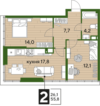 Продажа 2-комнатной квартиры 55,8 м², 19/19 этаж