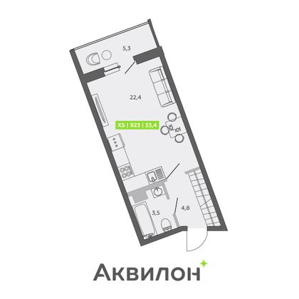 33,4 м², студия, 3/13 этаж