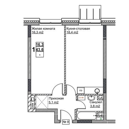 Продажа 1-комнатной квартиры 43,6 м², 2/24 этаж