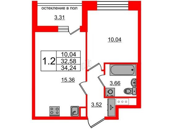 Продажа 1-комнатной квартиры 32,6 м², 3/9 этаж