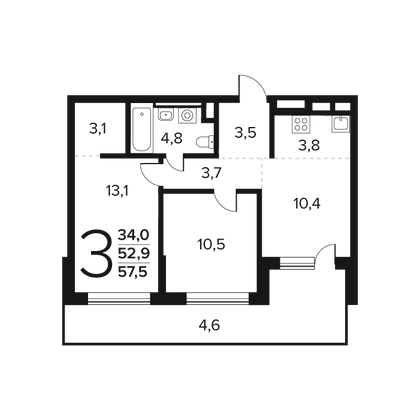 Продажа 3-комнатной квартиры 57,5 м², 1/14 этаж