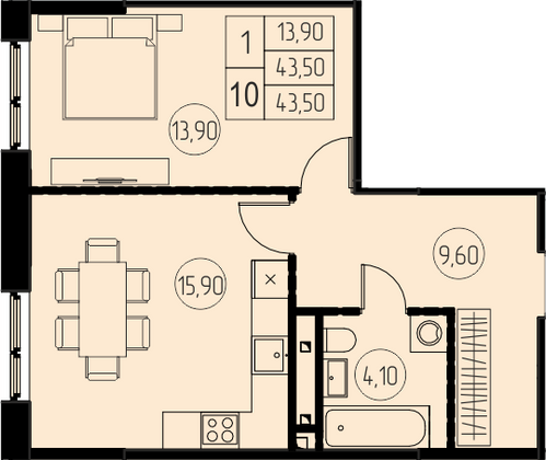 43,5 м², 1-комн. квартира, 5/28 этаж