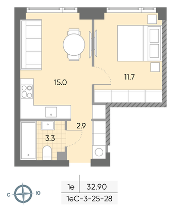 Продажа 1-комнатной квартиры 32,9 м², 28/52 этаж