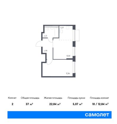 37 м², 2-комн. квартира, 13/19 этаж