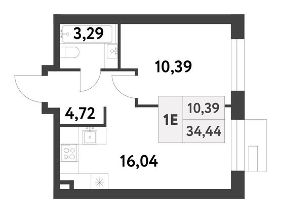 Продажа 1-комнатной квартиры 34,4 м², 6/16 этаж