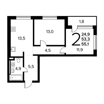 55,1 м², 2-комн. квартира, 2/14 этаж