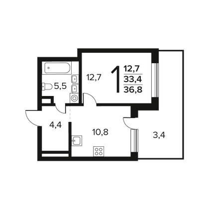 36,8 м², 1-комн. квартира, 1/12 этаж