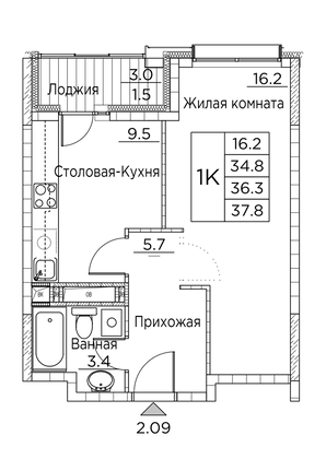 37,8 м², 1-комн. квартира, 3/21 этаж