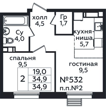 34,9 м², 2-комн. квартира, 3/16 этаж