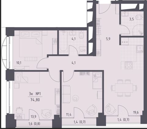 Продажа 3-комнатной квартиры 74,8 м², 12/24 этаж