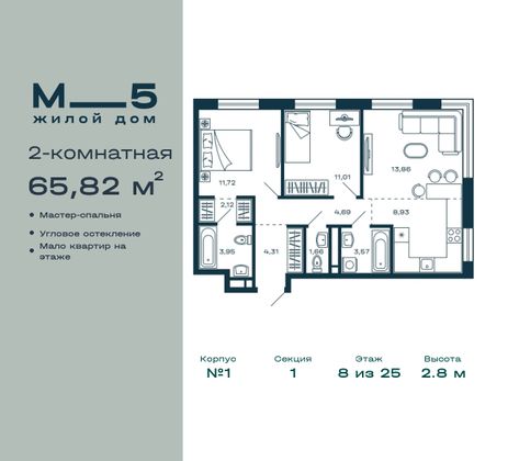 65,8 м², 2-комн. квартира, 8/25 этаж