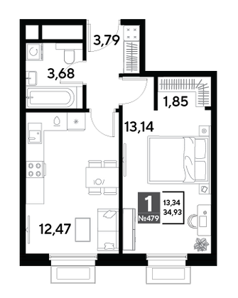 Продажа 1-комнатной квартиры 34,9 м², 17/25 этаж