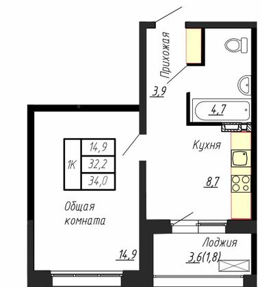 34,1 м², 1-комн. квартира, 4/17 этаж