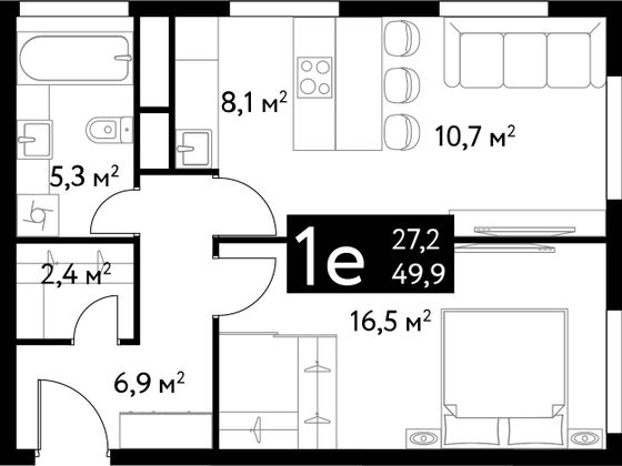 Продажа 1-комнатной квартиры 49,8 м², 7/22 этаж