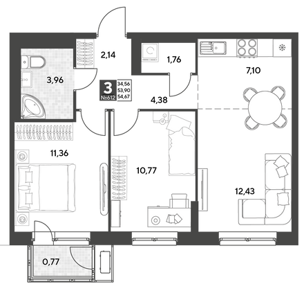 Продажа 3-комнатной квартиры 54,7 м², 5/25 этаж