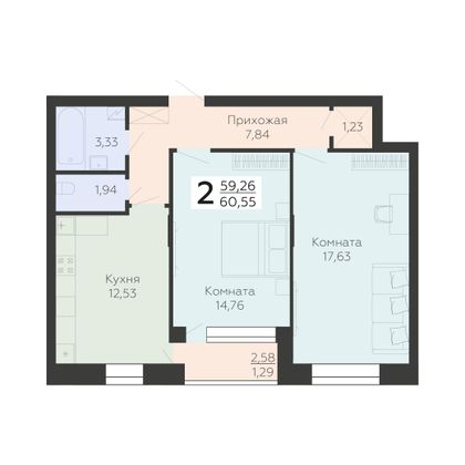 Продажа 2-комнатной квартиры 60,5 м², 2/10 этаж