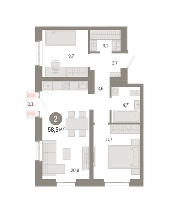 Продажа 2-комнатной квартиры 58,5 м², 3/16 этаж