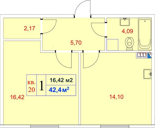 Продажа 1-комнатной квартиры 42,4 м², 3/3 этаж