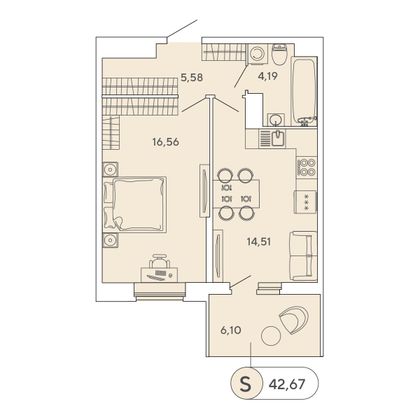 42,7 м², 1-комн. квартира, 5/12 этаж