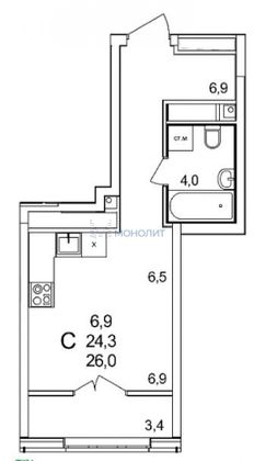 Продажа 1-комнатной квартиры 26 м², 22/25 этаж