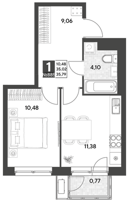 Продажа 1-комнатной квартиры 35,8 м², 23/25 этаж