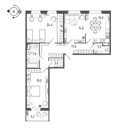 106,2 м², 3-комн. квартира, 11/19 этаж