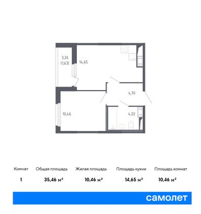 35,5 м², 1-комн. квартира, 3/10 этаж